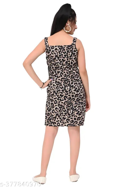 Black leopard print children's party dress with belt, knee-length