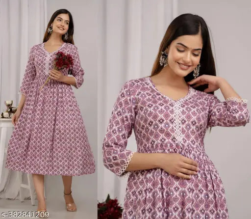 Purple floral anarkali kurti, mid-length with short sleeves, digitally printed pattern