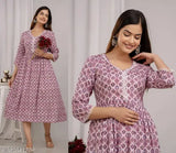Purple floral anarkali kurti, mid-length with short sleeves, digitally printed pattern