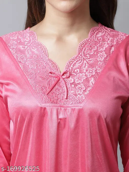 Indian-made satin nightsuit for women, long-sleeved ladies pyjamas in solid color