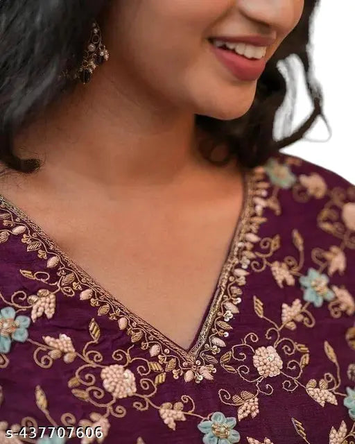 Georgette wine anarkali gown with sequence embroidery, full lining & net duppata, ideal for functions