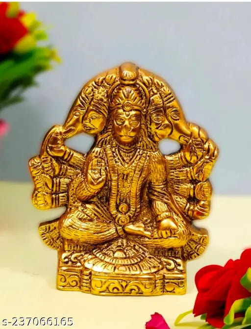 Golden finish Panchmukhi Hanuman Idol, 10.5x3x12.5 cm metal statuette for home decoration and gifting, Indian artisan-made