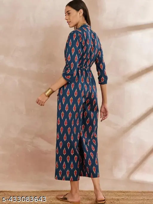 Blue maroon rayon printed net jumpsuit, stylish dress for casual outings with layering options, India origin