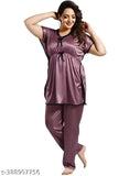 Purple satin kaftan nightsuit coord set for girls and women, perfect for summers