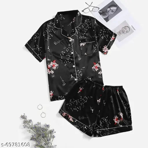 Elegant satin women's nightsuit set, printed net design, available in M, L, XL, XXL for a stylish addition to summer, winter, or monsoon evenings or bridal parties. Indian-made