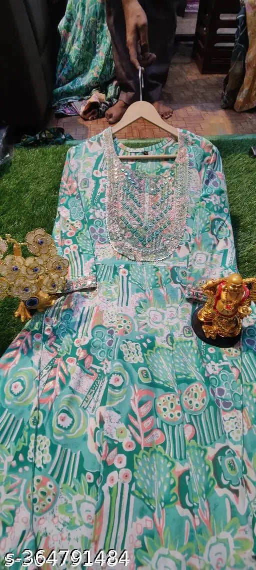 Rayon Anarkali kurti with foil print mirror embroidered bottom lace border, three-quarter sleeves for women, XL to 6XL sizes available