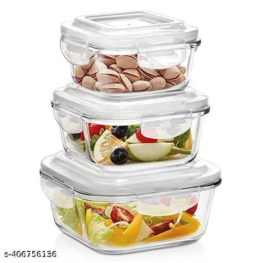 Transparent rectangle glass containers with lids and detachable locks, for food storage, oven safe, microwave safe, freezer safe, set of 3 in varying sizes: 400ml, 600ml, 800ml
