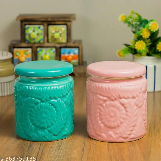 Pink and green ceramic jar set