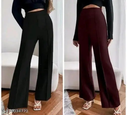 Premium cotton lycra bell bottom trousers with ankle length, elastic waistband, front seam detail, and slim fit – India