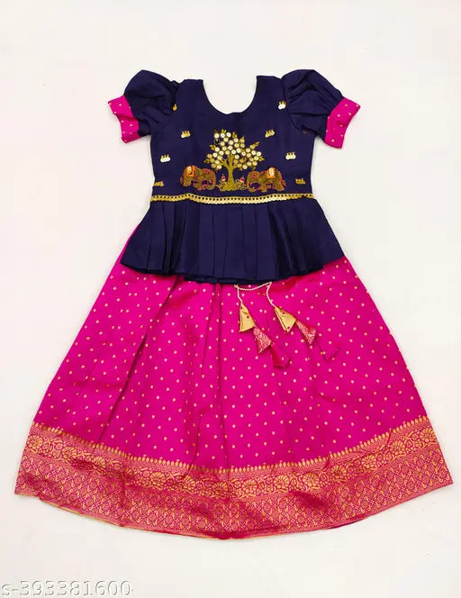 Kids Girl Elephant Pattu Pavadai lehenga choli - Art Silk, Brocade embroidered Indian traditional wear for girls (N:1), aged 12-10 years