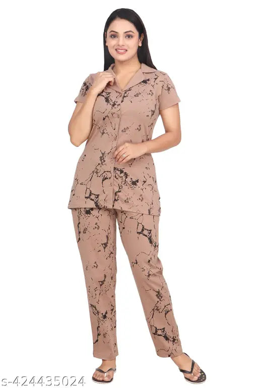 Cotton blend printed nightsuit, summer casual collared neck half sleeve, women's fashionable nightwear on display