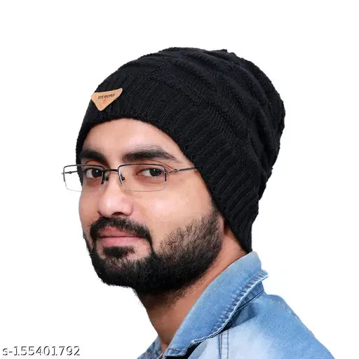 Latest black textured beanie cap (wool), one size, premium acrylic, Indian origin