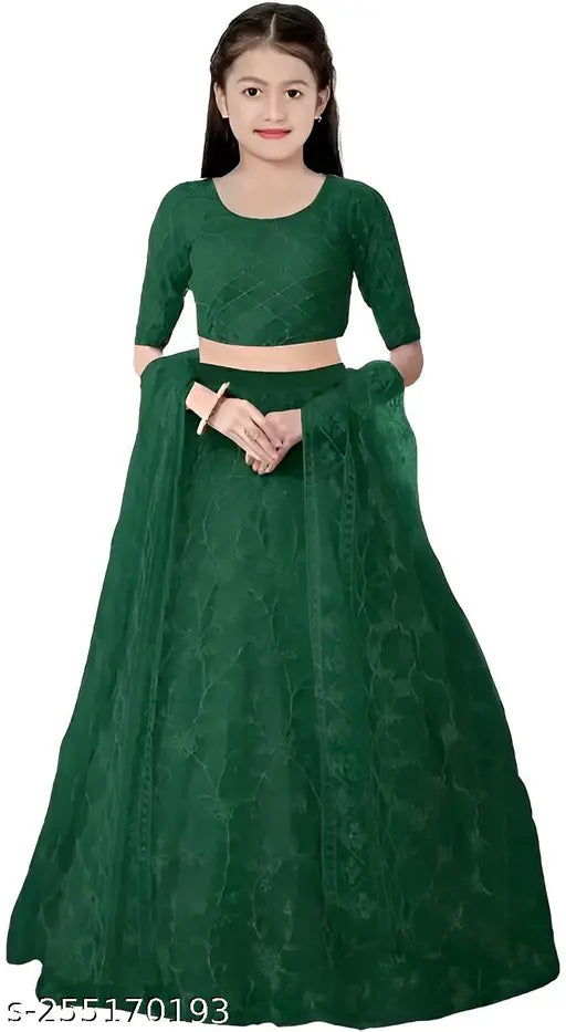 Embroidered, semi-stitched net Lehanga Choli set in vibrant colors, perfect for kids' festive occasions. Made in India