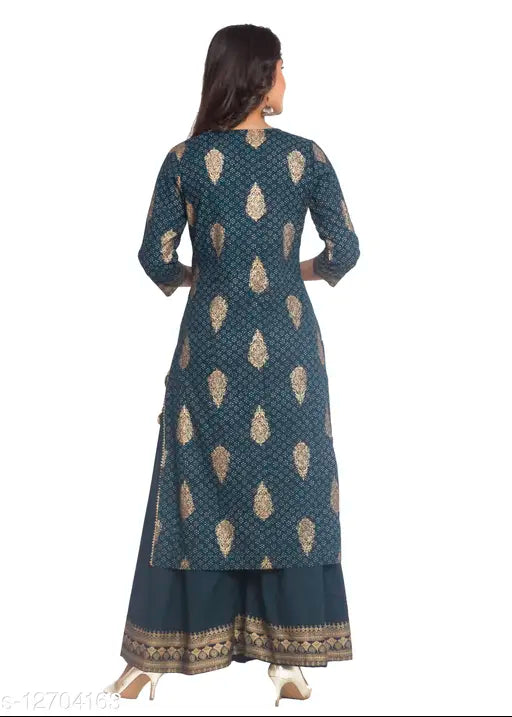 Women's printed festive wear kurta set with sharara, rayon slub fabric, three-quarter sleeves on display, India origin