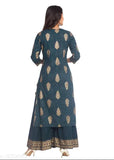 Women's printed festive wear kurta set with sharara, rayon slub fabric, three-quarter sleeves on display, India origin