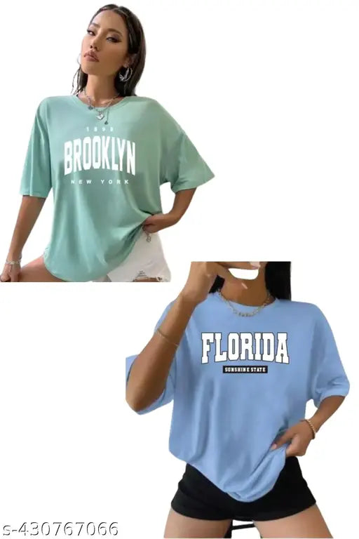 Stylish oversized printed T-shirts combo pack of 2 in blue and white, featuring the word "Florida