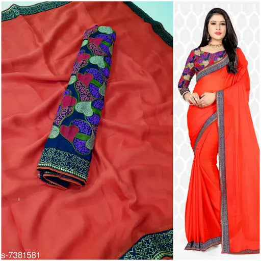 Indian fancy silk chiffon saree with jacquard border and embroidered blouse, free size, 5.5m long