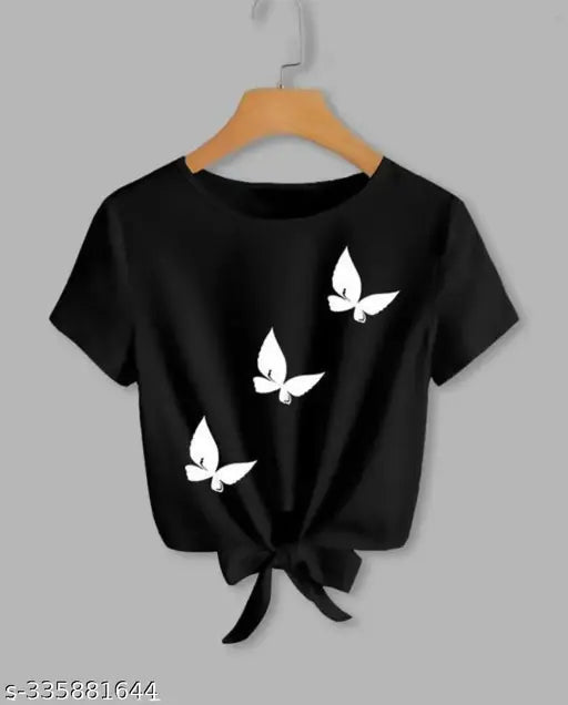Black knot crop top & t-shirt for women, three butterflies printed on lycra sleeveless shirt