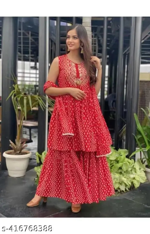 Red rayon printed kurta set for women, including sharara and dupatta