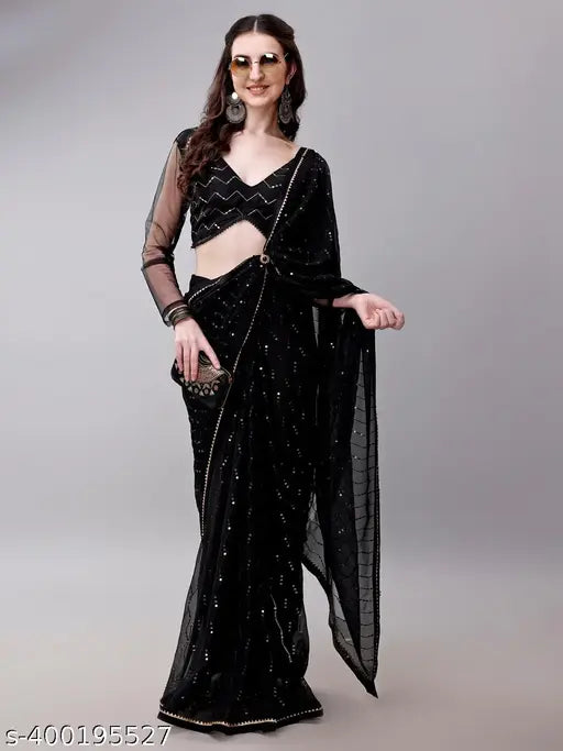 Black georgette sari with heavy embroidery, perfect for all occasions