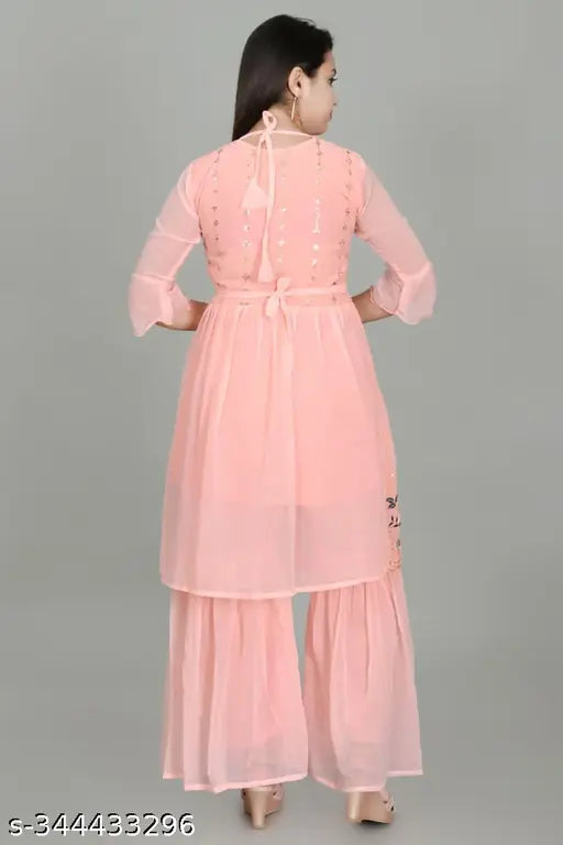 Chiffon Anarkali Palazzos Dress, embroidered three-quarter sleeves for girls, modern Indian fashion