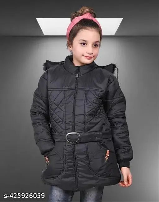 Black, puffer style jacket with fur trim and hood