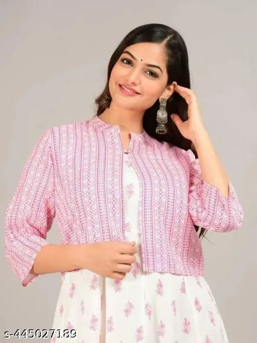 Pink Rayon three-quarter sleeve top 'Pink Jackleen 2', featuring a printed combo, suitable for various sizes S-XXL