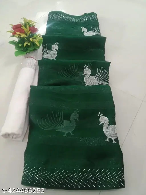 Blousegreen chiffon saree with peacock rimsim work and stone lace, Indian embroidered design on separate silk blouse