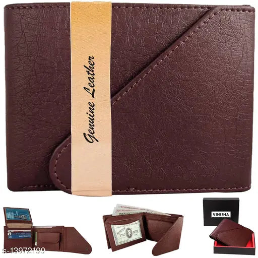 Brown faux leather men's wallet with snap lock, features 2 compartments for essential storage