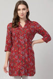 Maroon rayon floral tunic for women with pleats and attached belts, maroon color