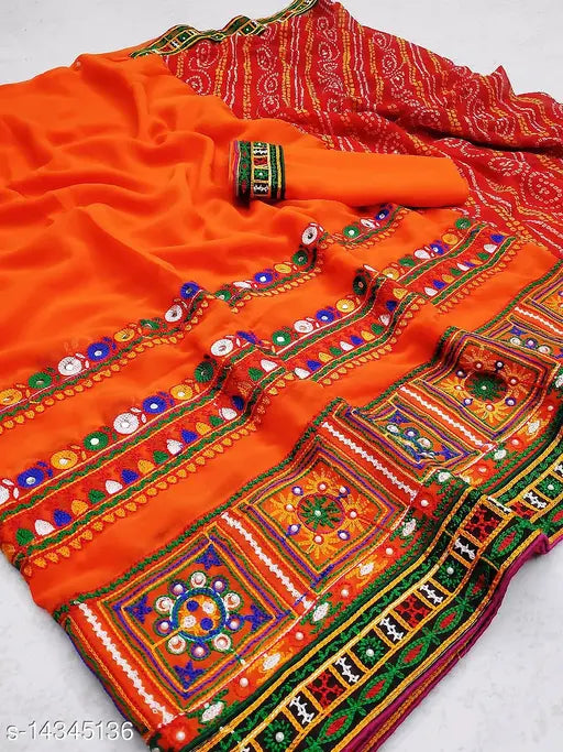 Red and orange bandhani style saree
