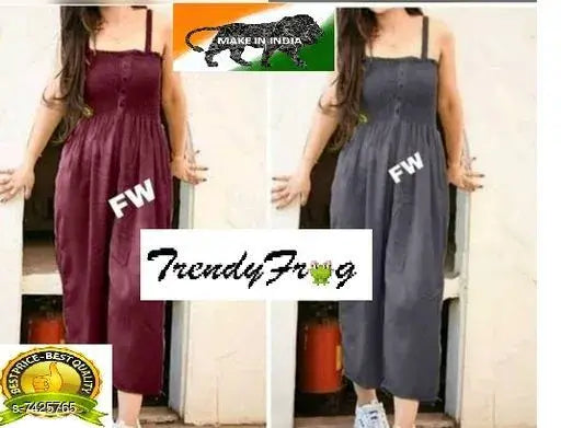 Trendy rayon sleeveless jumpsuits, solid net style, set of 2 sizes S & M, Indian origin