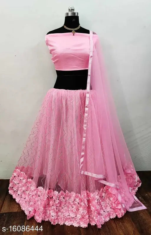 Silk and net embroidered lehenga with appliqué dupatta, Indian traditional attire for free size