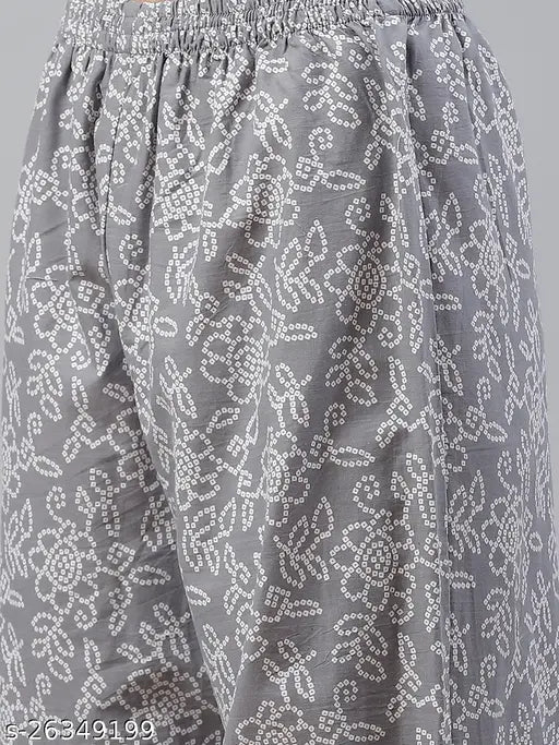 Trendy grey cotton women's kurta set with palazzos, printed design, straight fit, mandarin collar, regular sleeves - Indian export for comfortable, stylish wear