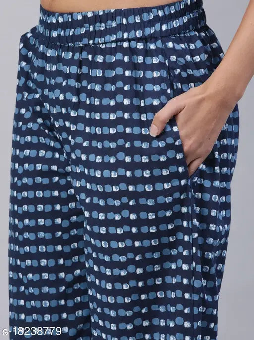 Divena blue printed nightsuit, cotton top and bottom, long sleeves, size options available for various bust, waist, and length measurements, Indian-made nightwear on display