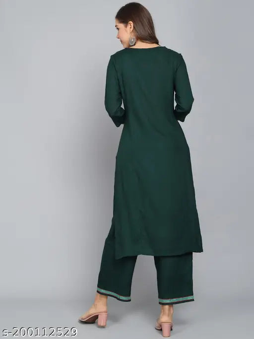 Dark green Angita embroidered rayon kurta set with matching palazzos, solid design for women's fashion