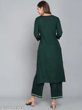 Dark green Angita embroidered rayon kurta set with matching palazzos, solid design for women's fashion