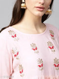Pink cotton kurti with gold embellishments, elbow length sleeves