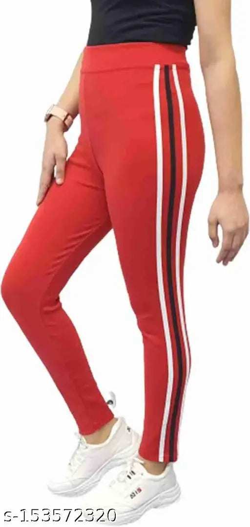 Cotton blend striped jeggings with ultra-stretchable fabric for sports and yoga. Pack of 3 with waist elastic band, suitable for sizes 28, 30, and 32. Ankle length jeggings with skinny fit. Made in India