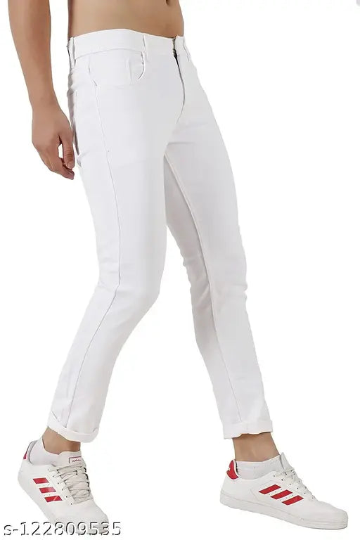 White denim slim fit jeans by FLETE FASHION, machine washable for men's mid-rise, zip & button closure. Casual and comfortable to wear with a full-length trendy look. Available in sizes 28, 30, and 32 inches. Made in India