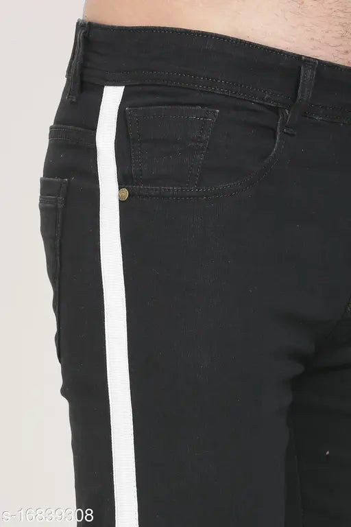 Black polycotton men's jeans with side stripes, solid design, size options: 32x40in, 34x40in
