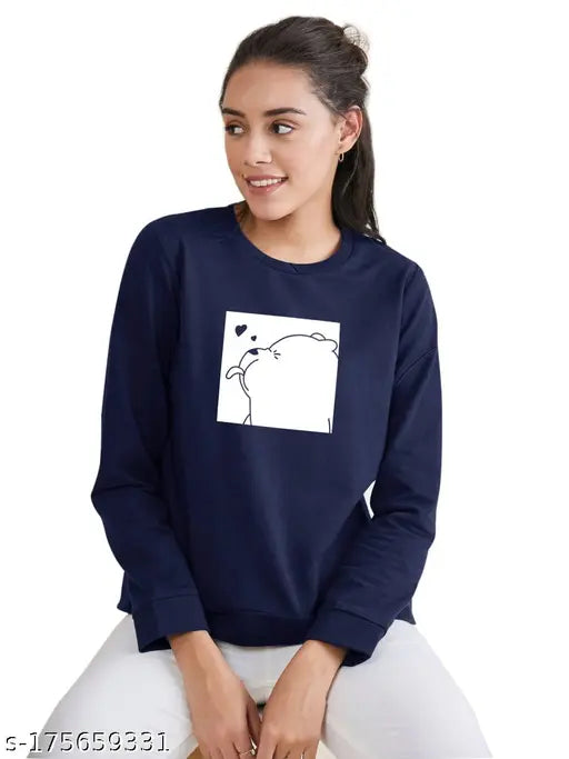 Blue fleece printed sweatshirt, stylish and trendy women's wear by eddlees, features bear design and long sleeves on display. (Size: XS, 36in bust, 23in length, 33in waist)