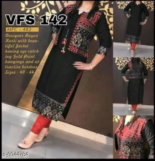 Women's black printed rayon kurti, three-quarter sleeves, rayon fabric, Indian traditional clothing