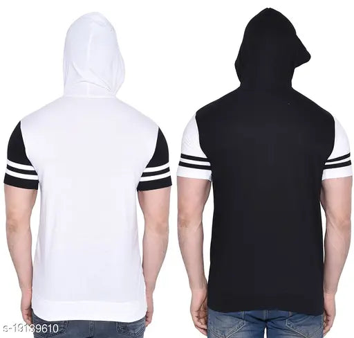 Colorblocked cotton blend hoodie with half sleeves, India-made fashion t-shirt on model wearing size M