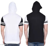 Colorblocked cotton blend hoodie with half sleeves, India-made fashion t-shirt on model wearing size M