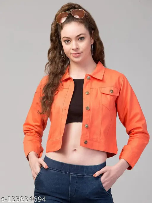 Denim twill jacket for women, solid pattern, long sleeves, size L (bust 38in, length 22in), made in India