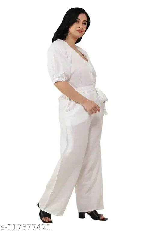 White cotton linen solid raglan sleeves jumpsuit with v-neckline, elastic and smocking detailing, button front and zipper closure, two pockets, smocked back and attached belt - Indian made fashion essential
