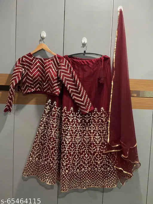 Designer Gotawork embroidered net lehenga choli with Gota work, semi-stitched in up to 39 inch waist size, ready to ship from India