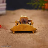 Metal Ganesh ji on leaf with diya idol, 12cm x 8cm x 8cm, Indian home decor and Diwali gift