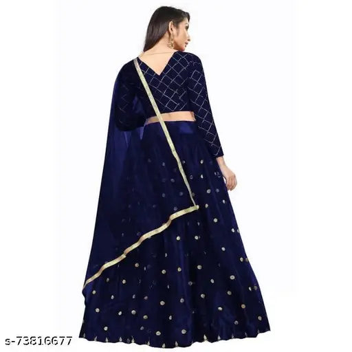 Embroidered satin and net lehenga set with choli and dupatta, lace trimmed, semi-stitched (37 waist x 41 length)